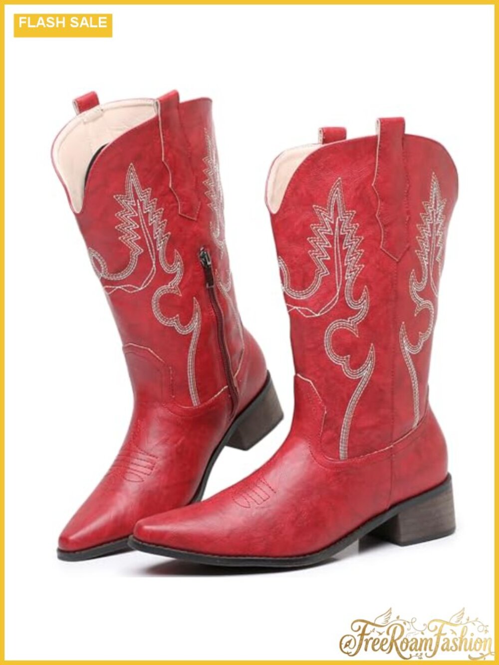 Western Embroidered Cowboy Boots Chunky Heel Pointed Toe Pull On Mid Calf